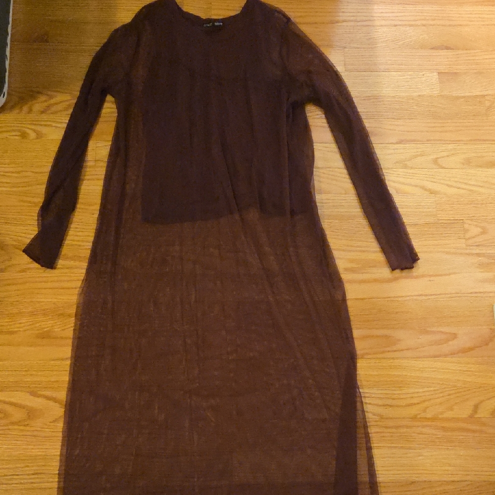 Zara Sheer Long-Sleeve Brown Dress